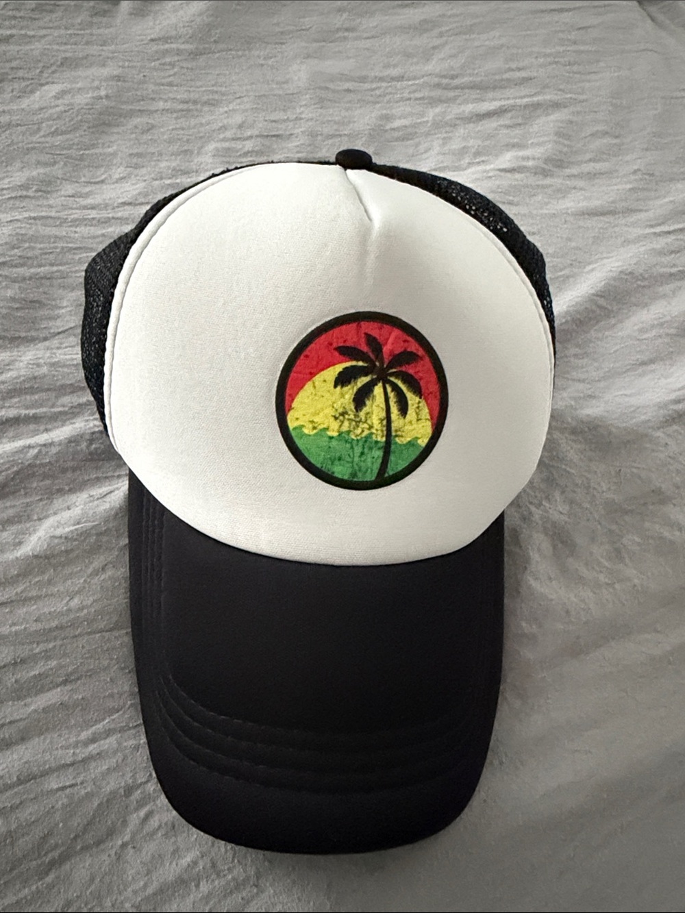 White and Black Trucker Hat with Rasta Palm Badge - Unbranded